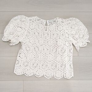 Red Baker 1  Cream Crochet Puff-Sleeve Top
